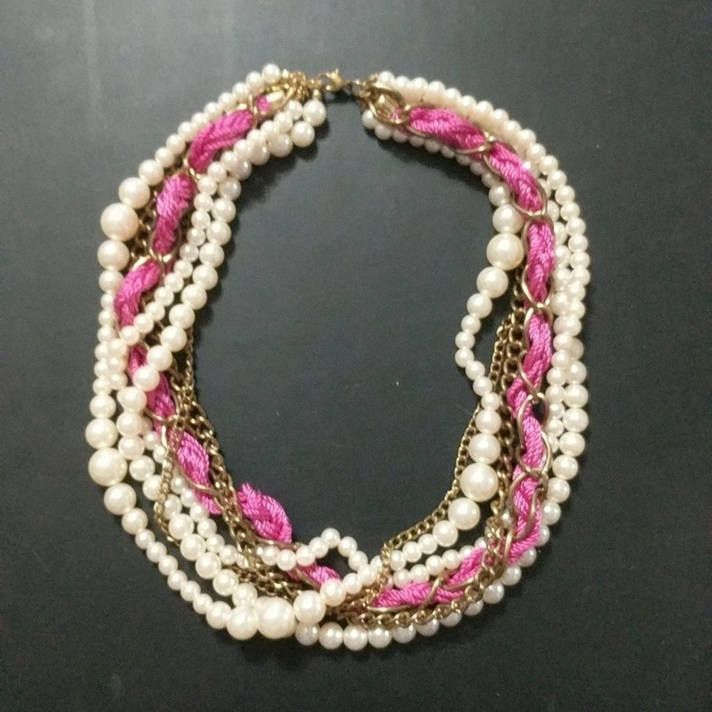 Copper Tone Chain, Faux Pearl, Pink Silk Cord Multi Strand Statement Necklace